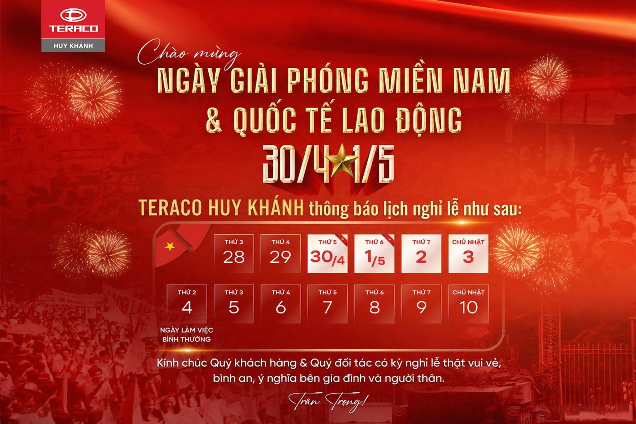 THÔNG BÁO LỊCH NGHỈ LỄ 30/4 & 1/5 TẠI TERACO HUY KHÁNH