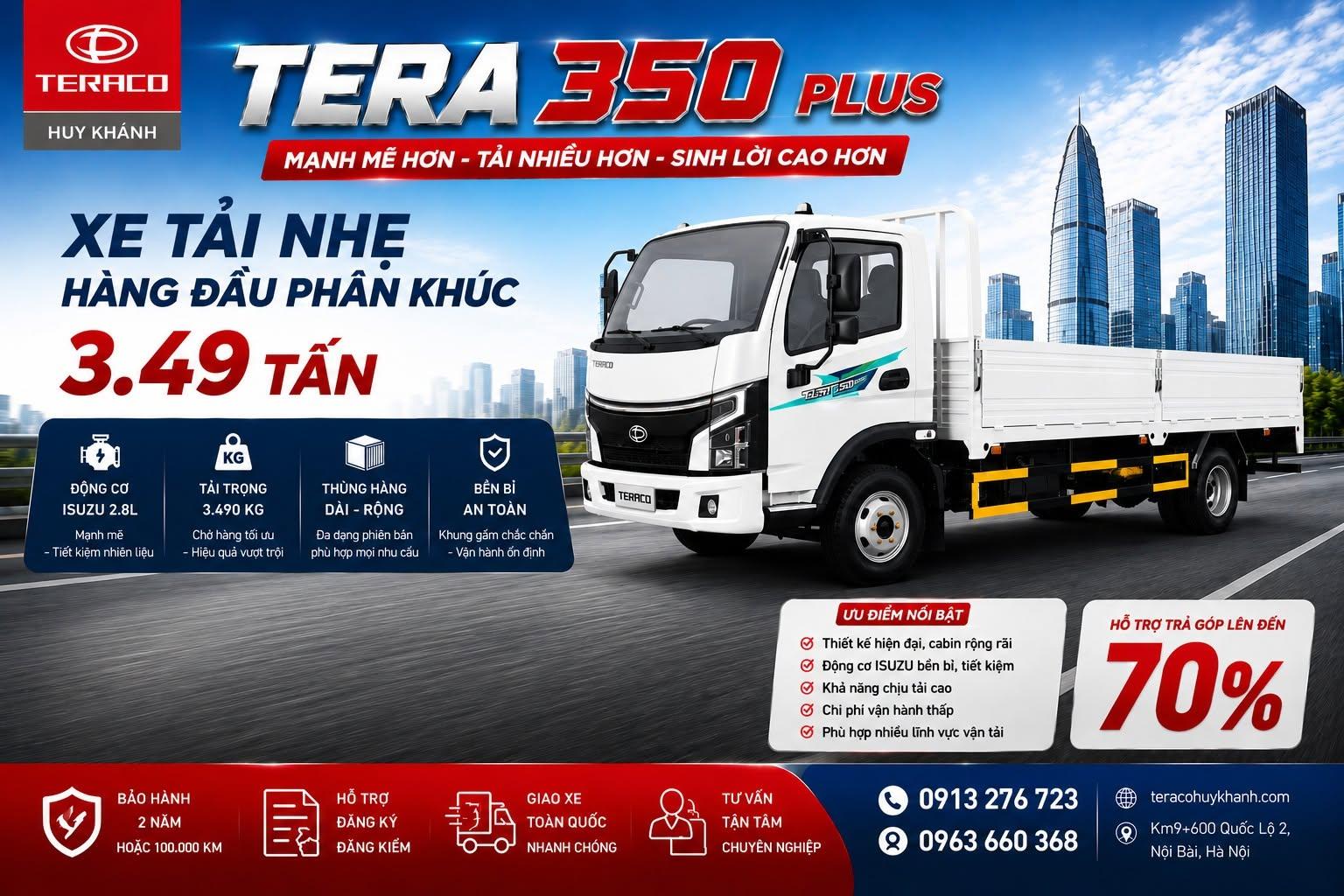 TERA 350 PLUS – Xe tải nhẹ 3.49 tấn hàng đầu phân khúc | Mạnh mẽ – Tiết kiệm – Sinh lời bền vững